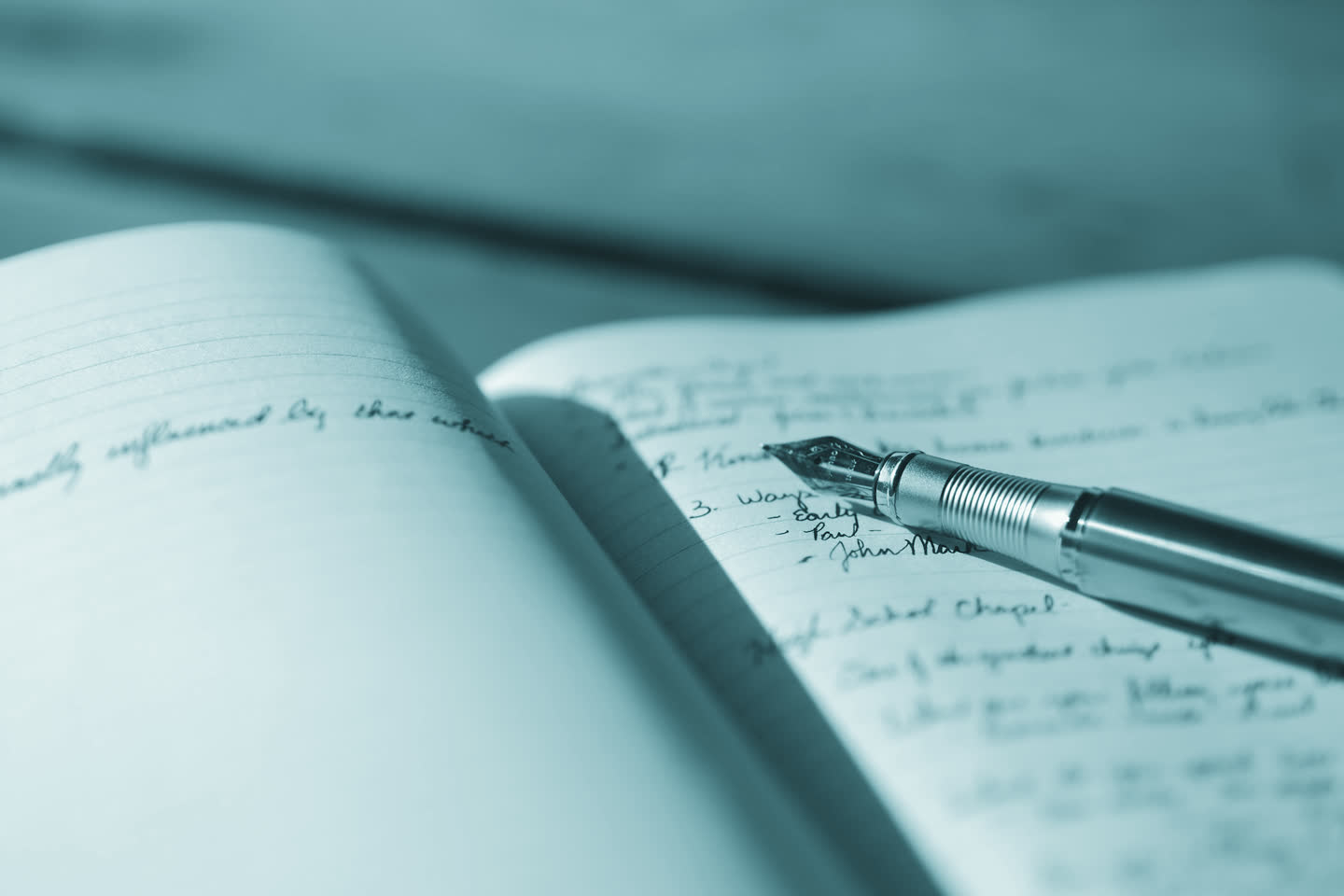 An open notebook with a fountain pen laid across the page